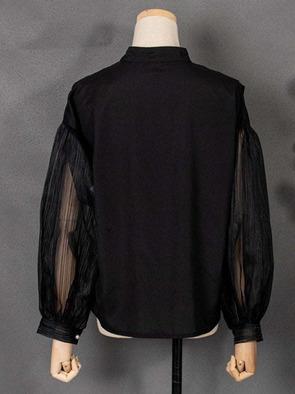 Asymmetric Buttoned See-Through Solid Color Split-Joint Long Sleeves Loose Stand Collar Blouses&shirts Tops