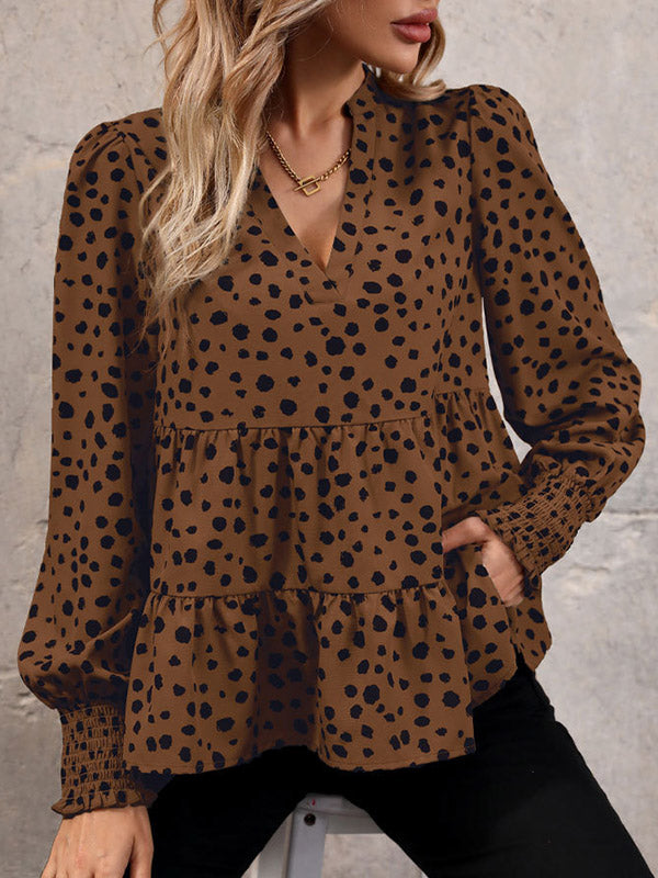 Elasticity Polka-Dot Split-Joint Long Sleeves Loose V-Neck Blouses&Shirts Tops