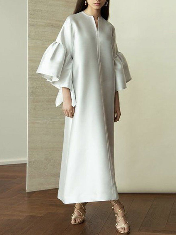 Falbala Solid Color Flared Sleeves Wrap Round-Neck Midi Dresses