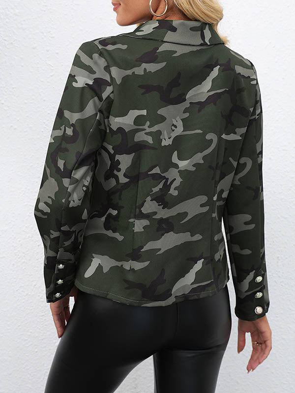 Buttoned Camouflage Pockets Long Sleeves Loose Notched Collar Outerwear Blazer
