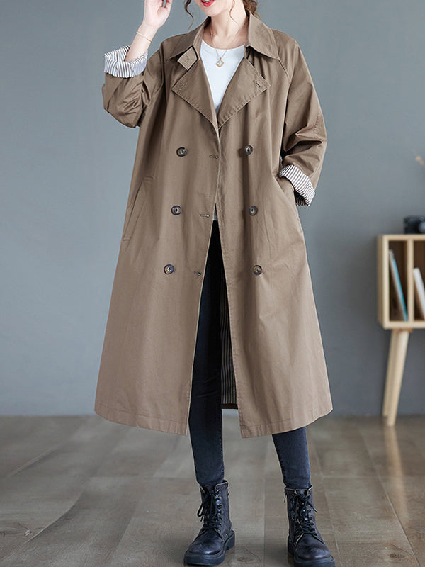 Buttoned Pockets Long Sleeves Loose Notched Collar Trench Coats
