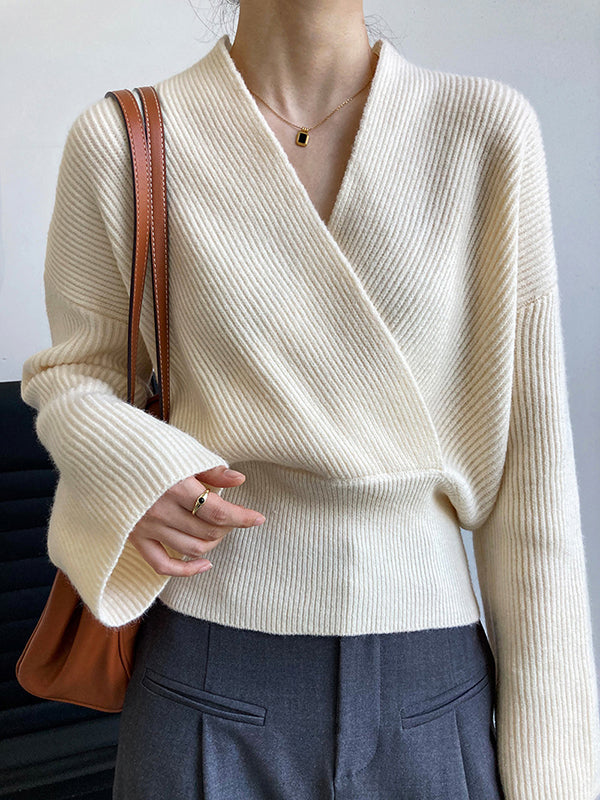 Casual Long Sleeves Loose Solid Color Cross V-Neck Sweater Tops