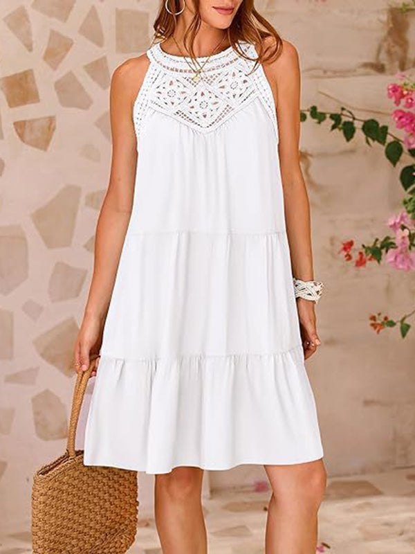 Hollow Pleated Solid Color Split-Joint A-Line Loose Round-Neck Mini Dresses
