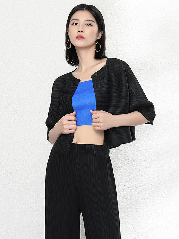Casual Loose Half Sleeves Pleated Solid Color Outerwear