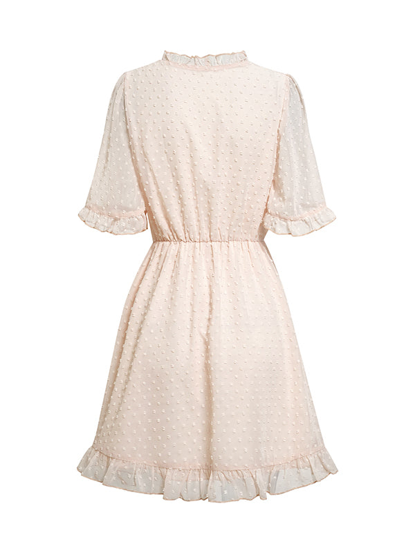 Jacquard Ruffled Solid Color A-Line Loose V-Neck Mini Dresses