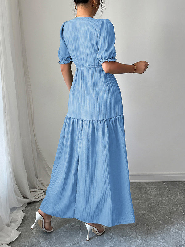 Pleated Solid Color Split-Front Half Sleeves High Waisted V-Neck Maxi Dresses