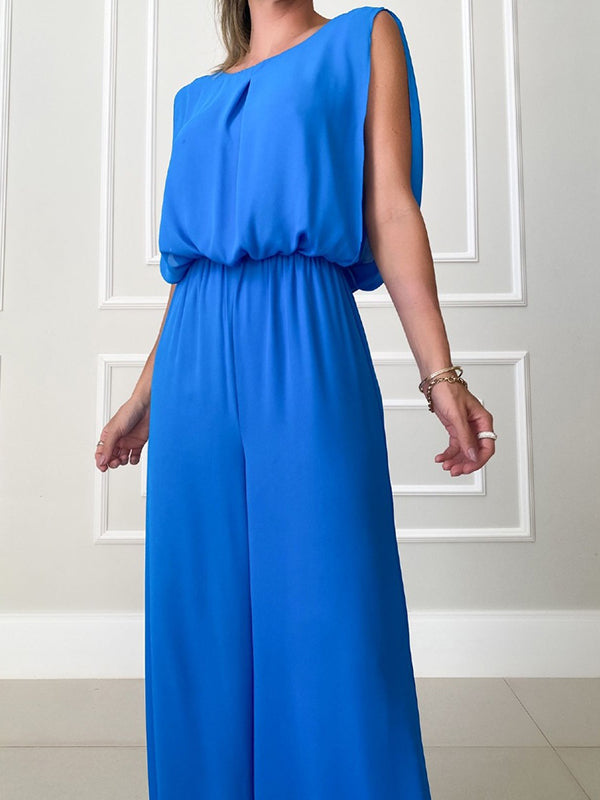 Backless Elasticity Pleated Solid Color Split-Joint High Waisted Sleeveless Jumpsuits