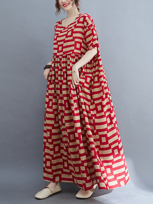 Plaid Loose Short Sleeves Round-Neck Midi Dresses