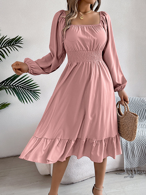 Pleated Ruffled Solid Color A-Line Elasticated Waist Square-Neck Midi Dresses