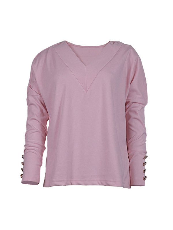 Buttoned Long Sleeves Loose V-Neck T-Shirts Tops