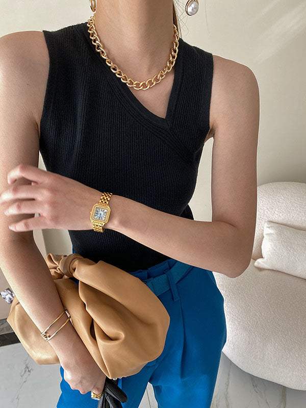 Asymmetric Solid Color Sleeveless V-Neck Vest Top