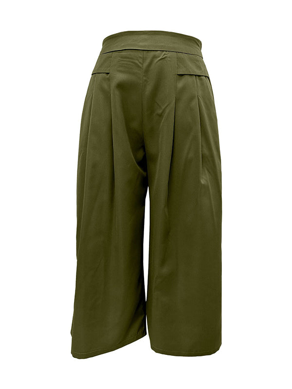 Pleated Pockets Solid Color Split-Joint Flared Pants High Waisted Trousers Ninth Pants