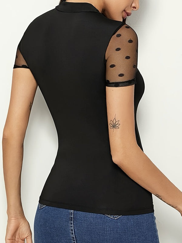 Mesh Polka-Dot See-Through Split-Joint Loose Short Sleeves Round-Neck T-Shirts Tops