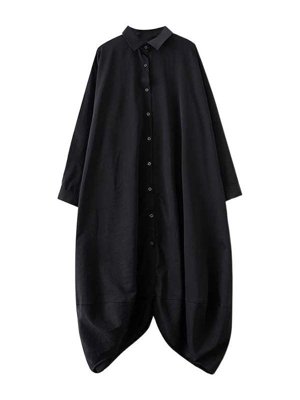 Buttoned Pockets Solid Color Split-Joint A-Line Long Sleeves Lapel Shirt Dress Midi Dresses