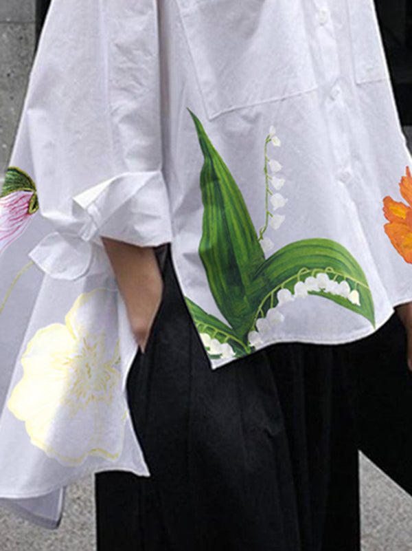 Asymmetric Floral Printed Split-Joint Split-Side High-Low Loose Lapel Blouses