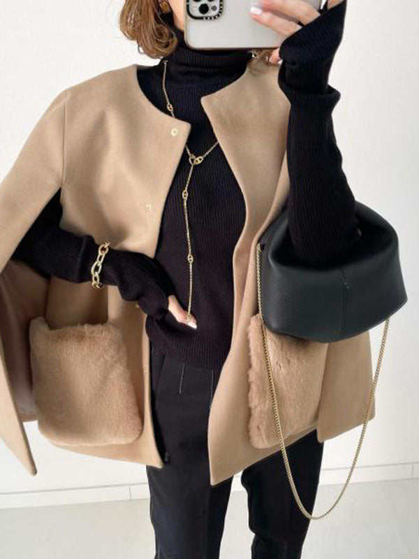 Pockets Split-Front Split-Joint Loose Sleeveless Round-Neck Woolen Coat
