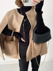 Pockets Split-Front Split-Joint Loose Sleeveless Round-Neck Woolen Coat