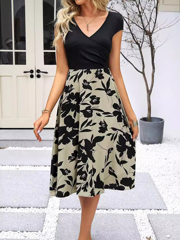 Floral Printed Pleated Split-Joint Loose Short Sleeves V-neck Midi Dresses