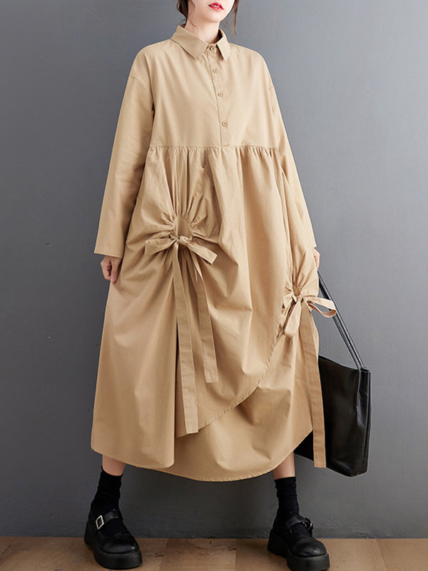 Buttoned Pleated Pockets Solid Color Tied A-Line Long Sleeves Lapel Shirt Dress Midi Dresses
