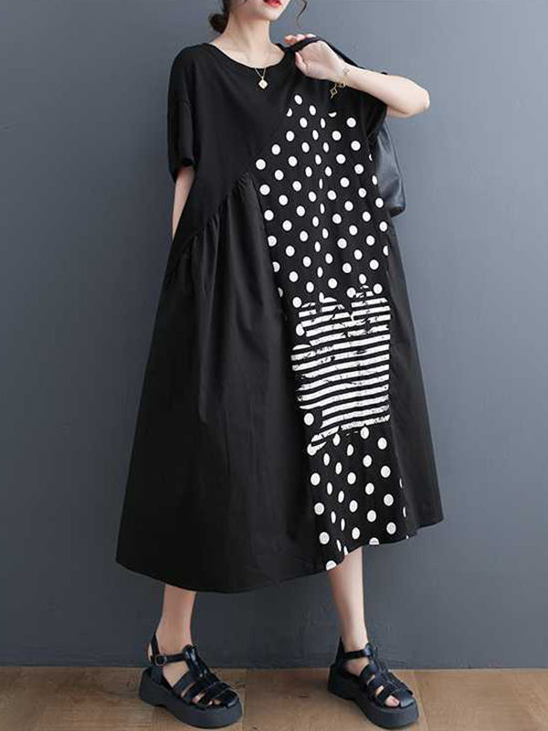Asymmetric Pockets Polka-Dot Split-Joint A-Line Loose Round-Neck Midi Dresses