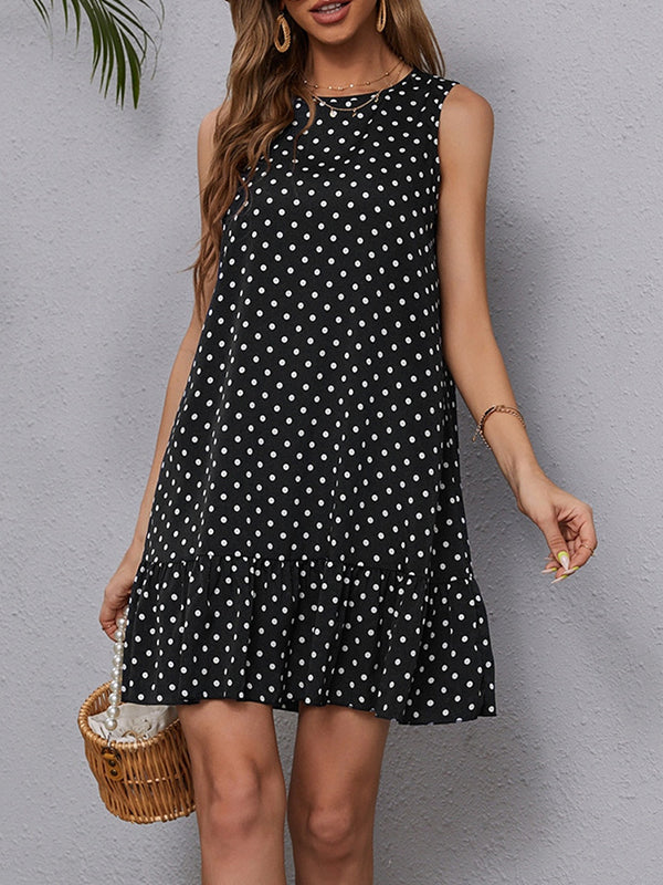 Pleated Polka-Dot Split-Joint A-Line High Waisted Round-Neck Mini Dresses