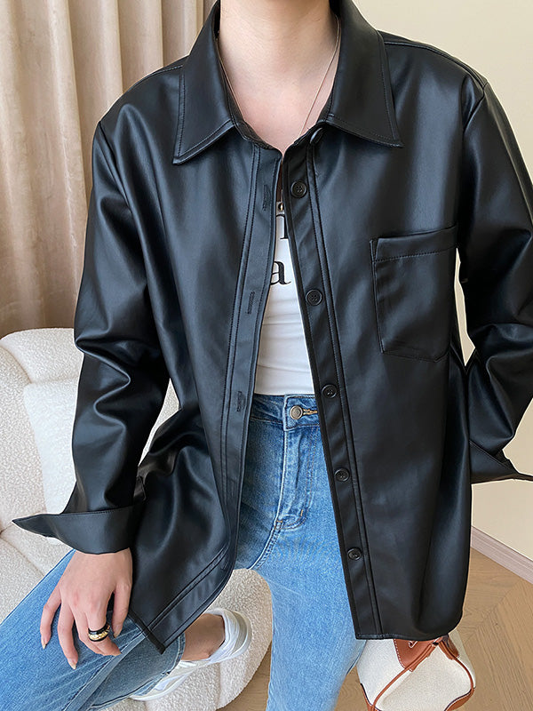 Buttoned Pockets Solid Color Long Sleeves Loose Lapel Outerwear Jackets