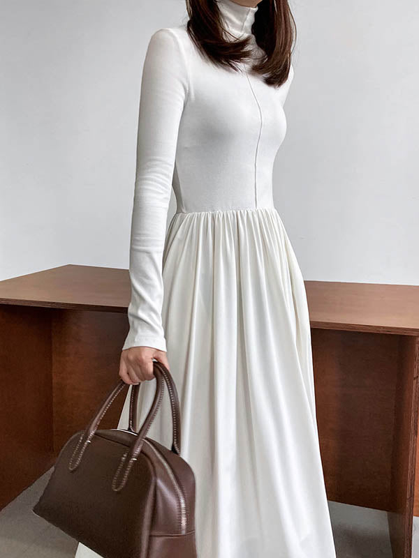 Pleated Solid Color Split-Joint A-Line Long Sleeves Midi Dresses