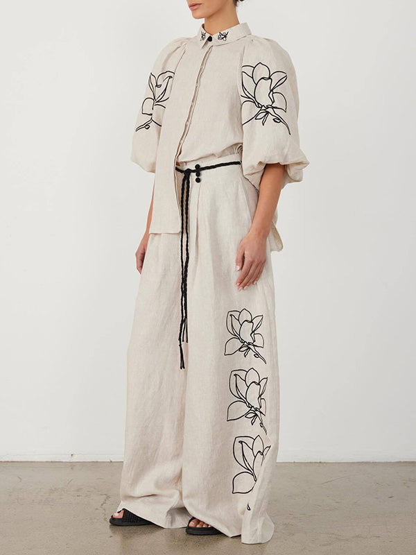 Pleated Printed Split-Joint Loose Puff Sleeves Lapel Blouses&Shirts Tops