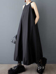 Drawstring Pleated Pockets Solid Color Zipper A-Line Loose Spaghetti-Neck Midi Dresses