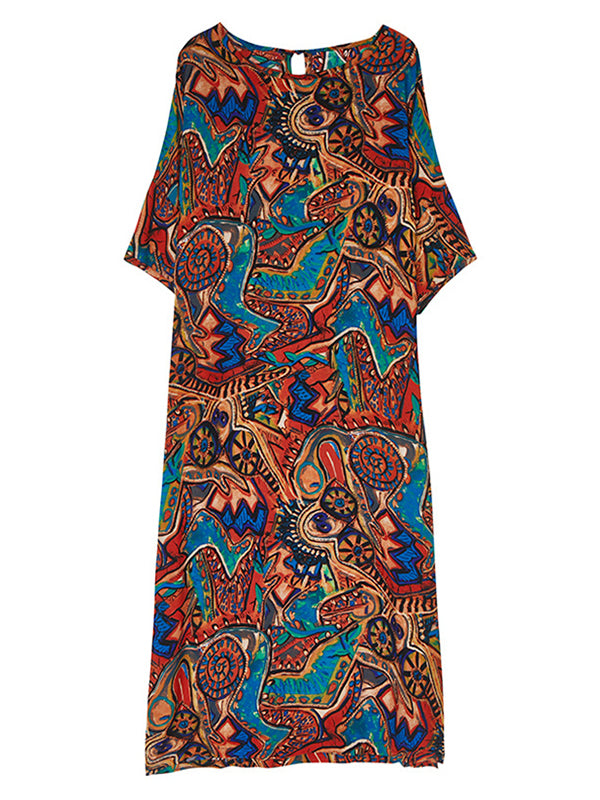 Original Artistic Retro Loose Printed Contrast Color Midi Dress