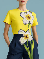 Flower Print Short Sleeves Round-Neck T-Shirts Tops