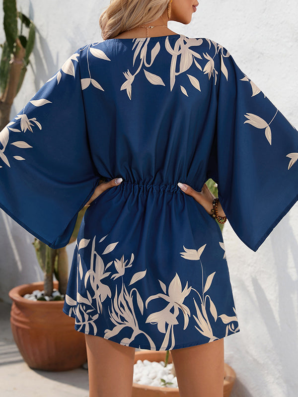 Buttoned Drawstring Leaves Print A-line Half Sleeves V-neck Mini Dresses