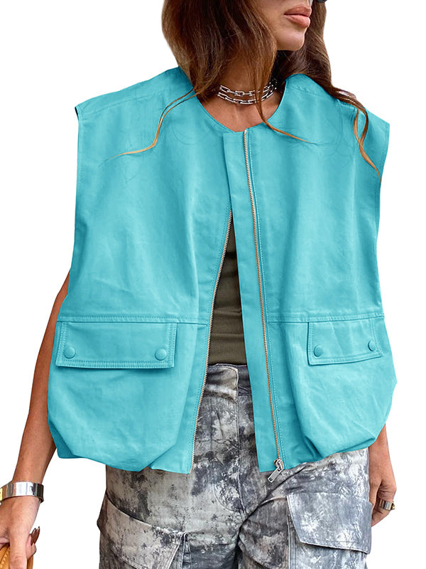 Pockets Split-Joint Zipper Loose Sleeveless Round-Neck Vest Outerwear