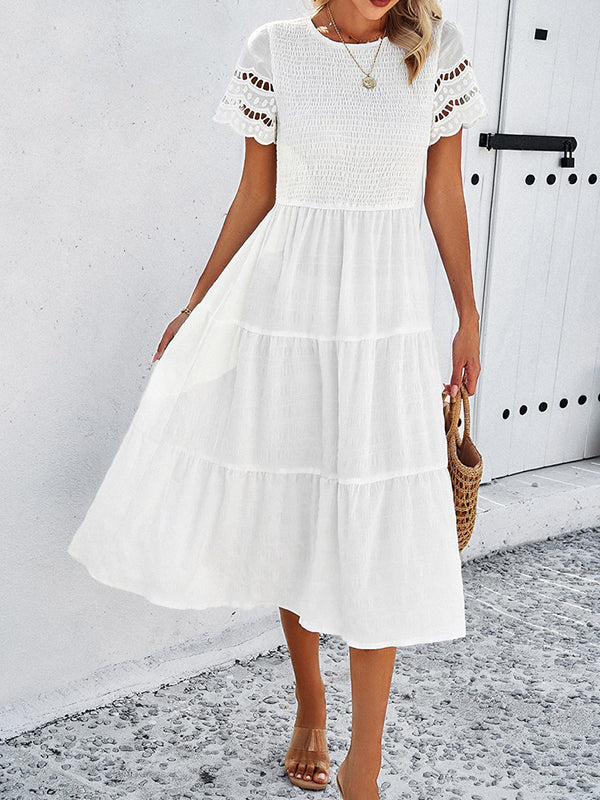 Elasticity Hollow Solid Color Split-Joint A-Line Loose Round-Neck Midi Dresses