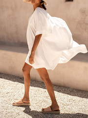 Solid Color Half Sleeves High-Low Deep V-Neck Midi Dresses