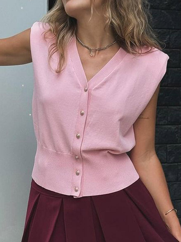 Buttoned Solid Color Loose Sleeveless V-Neck Vest Top