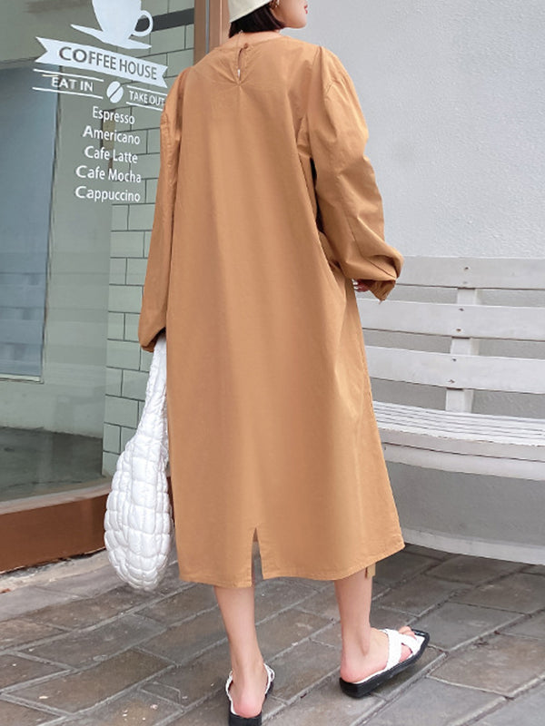 Elasticity Pleated Solid Color A-line Long Sleeves Round-neck Midi Dresses