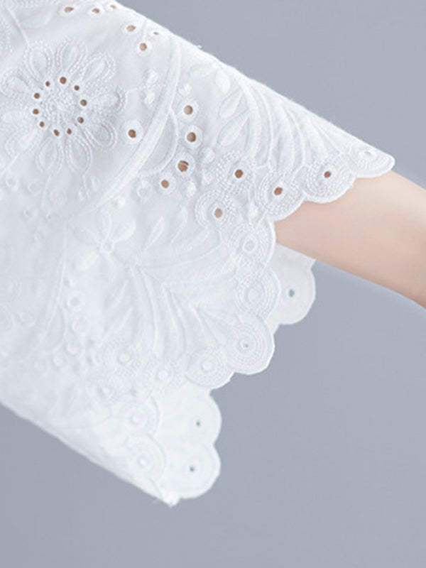 Hollow Print Loose Three-quarter Sleeves Round-neck Blouses&shirts Tops