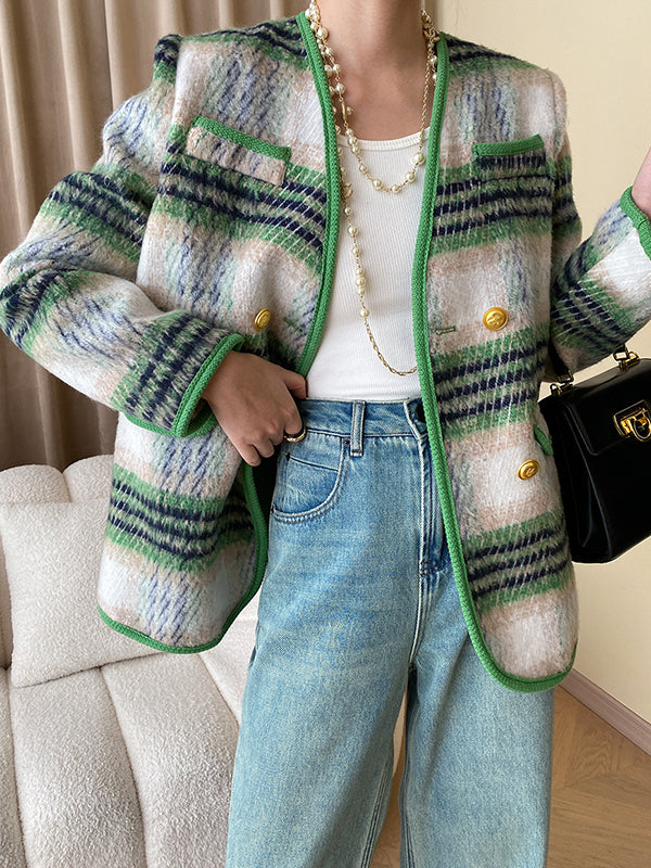 Buttoned Contrast Color Plaid Long Sleeves V-Neck Outerwear Jackets
