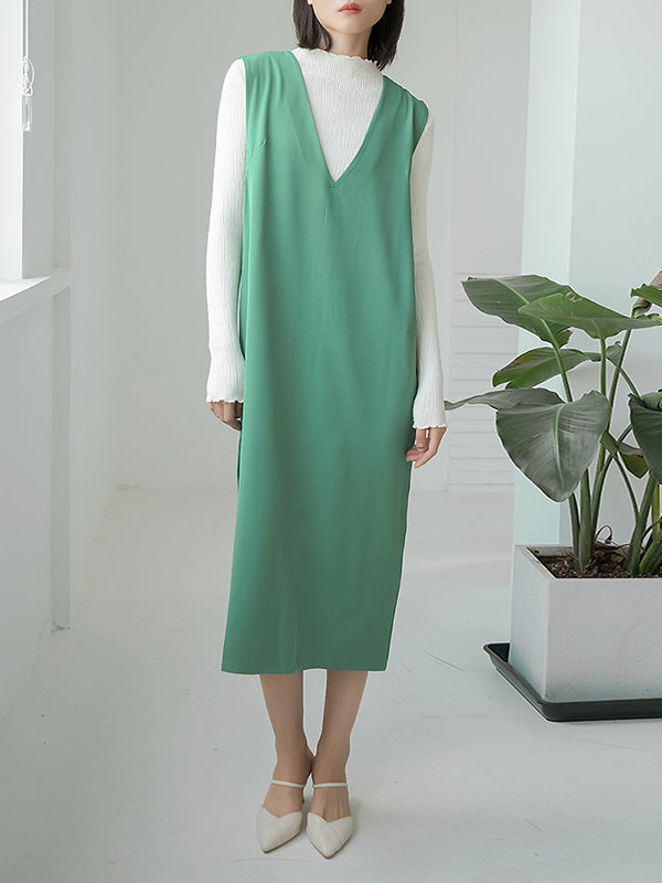 Casual A-Line Sleeveless Solid Color V-Neck Midi Dresses