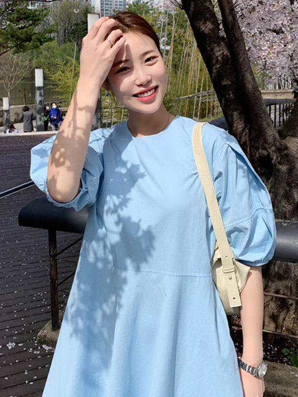 Casual Round-Neck Bishop Sleeve Loose Solid Color Midi Dress