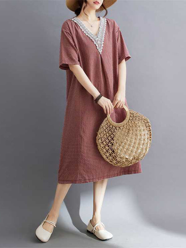 Plaid Pleated Split-Joint A-Line Half Sleeves V-Neck Midi Dresses