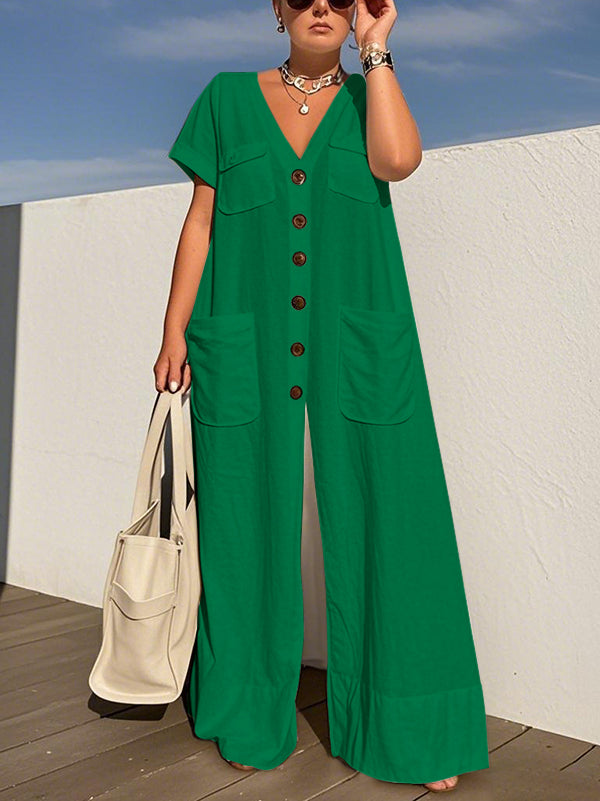 Buttoned Pockets Solid Color Loose Short Sleeves V-neck Jumpsuits