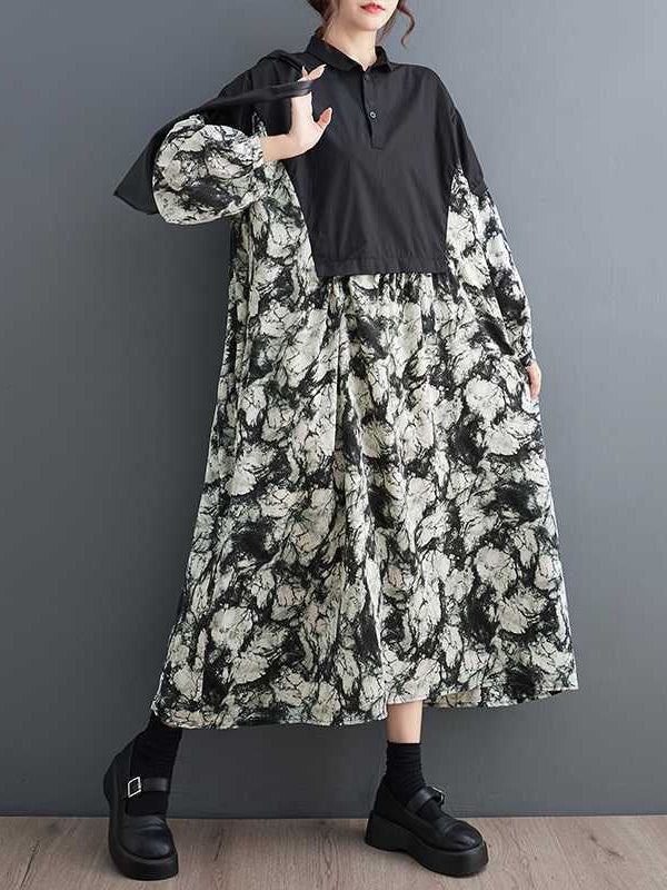 Buttoned Printed Split-Joint Long Sleeves Loose Lapel Midi Dresses