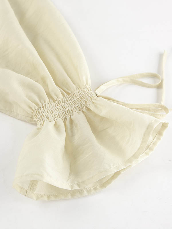 V-Neck Long Sleeves Loose Ruffle Trim Solid Color Tied Blouses&Shirts Tops + Elasticity Shorts Bottom Two Pieces Set
