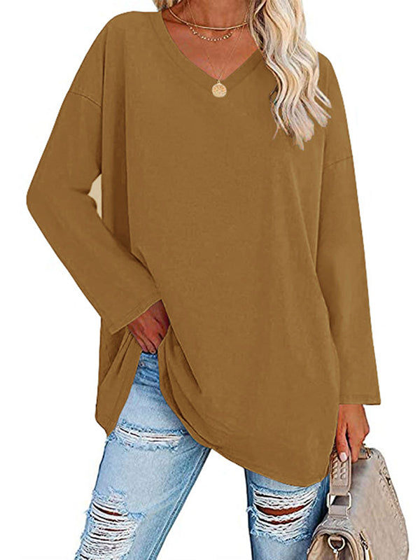 See-Through Solid Color Split-Joint Long Sleeves Loose V-neck T-shirts