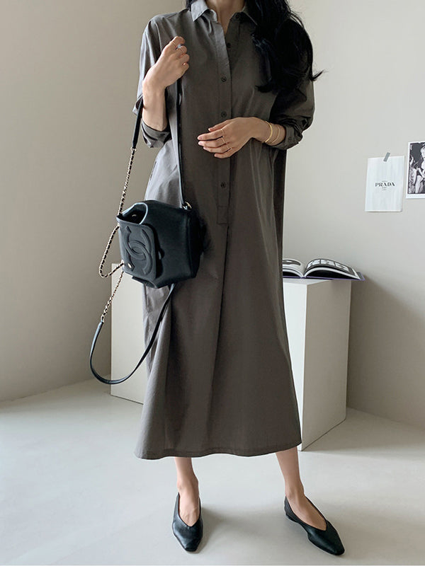 Casual 3 Colors Loose Split-Side Solid Color Midi Dress Shirt Dress