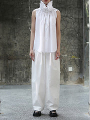 Pleated Solid Color Sleeveless Statement Collar Blouses&shirts Tops