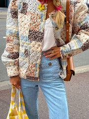 Buttoned Flower Print Pleated Pockets Quilted Split-Joint Long Sleeves Loose Round-Neck Padded Coat