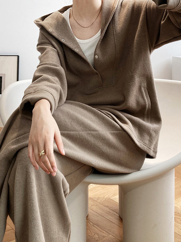 Loose Long Sleeves Split-Joint Hoodies + Elasticity Solid Color Pants Trousers Two Pieces Set